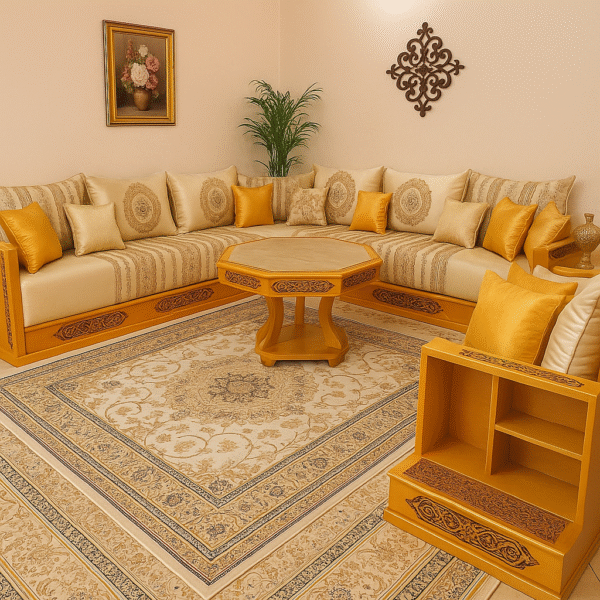 Salon Marocain Élégant Tons Or et Ivoire "Soleil d'Orient"