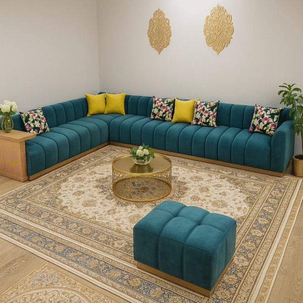 Salon d'Angle Moderne en Velours Teal "Oasis Florale"
